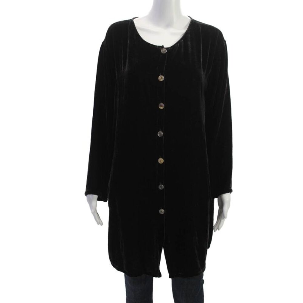 Kleen Women Silk Tunic Black Button Up Long Sleeve Round Neck Size L